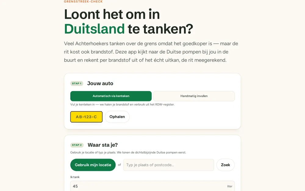 De Tankritje-webapp met de vraag 'Loont het om in Duitsland te tanken?' en een formulier waarin je je kenteken invult om brandstof en verbruik op te halen.